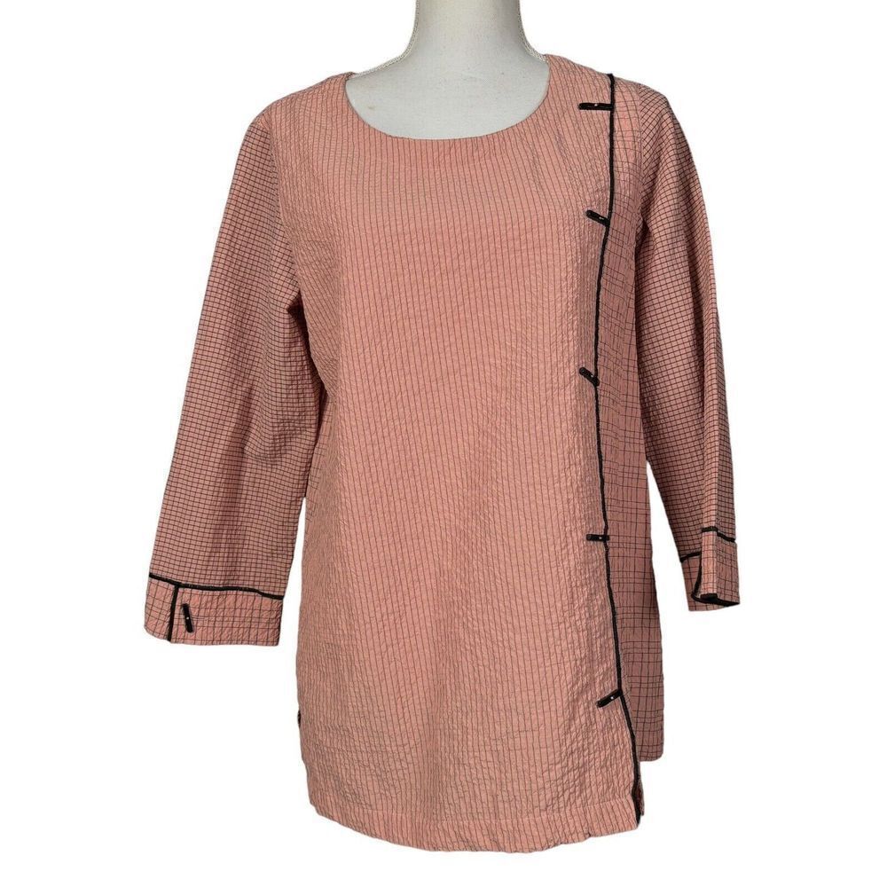 Ali Miles Tunic Size Small Pink Black 3/4 Sleeves Buttons Lagenlook Artsy Work - Picture 11 of 12